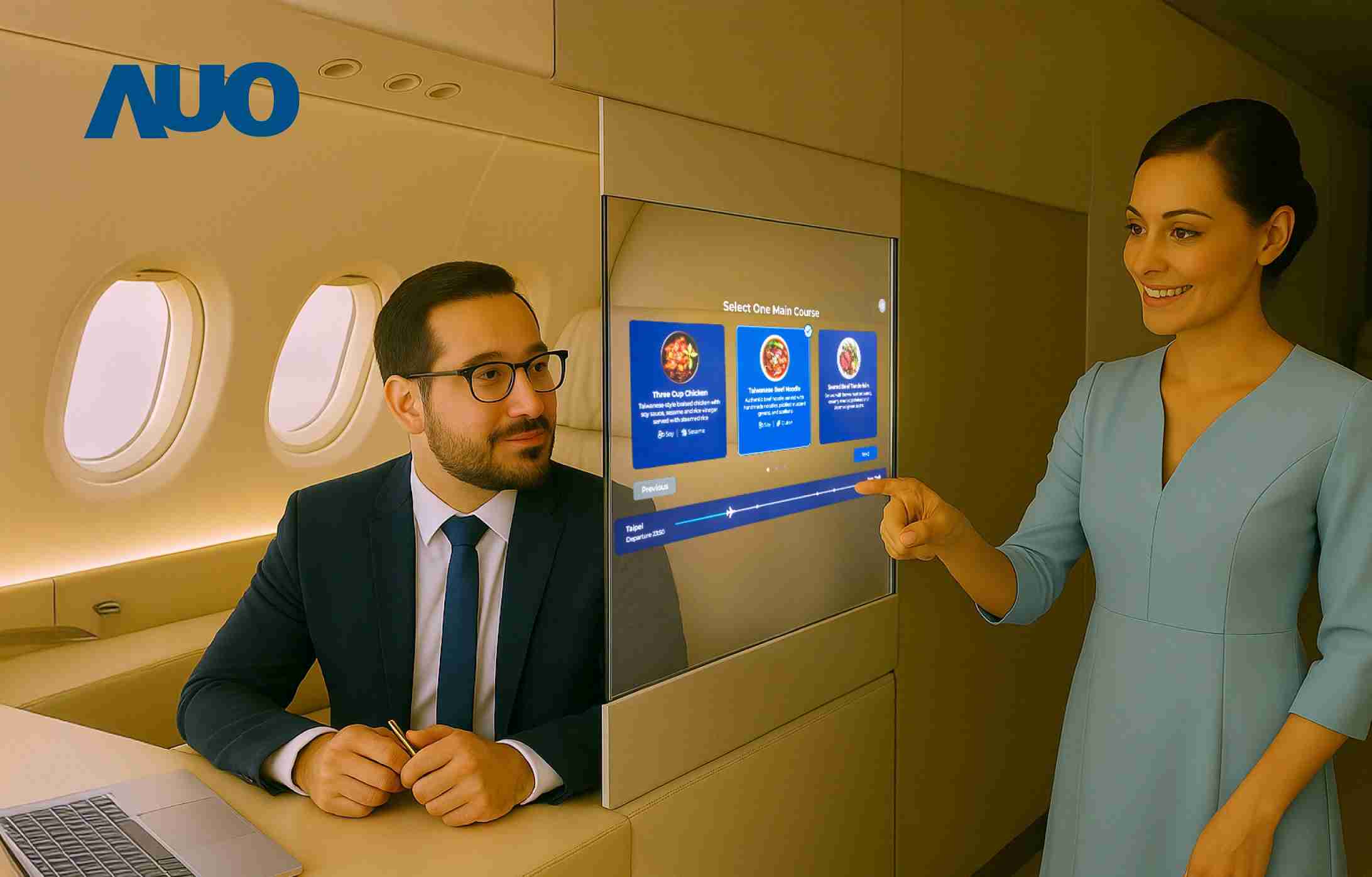 开云电子研发全球最薄17.3 吋双面透明 Micro LED 显示器，，，，可在同一屏幕之双边投射不同信息，，，，创造独特的”透明化”互动；图为实时翻译交流应用情境